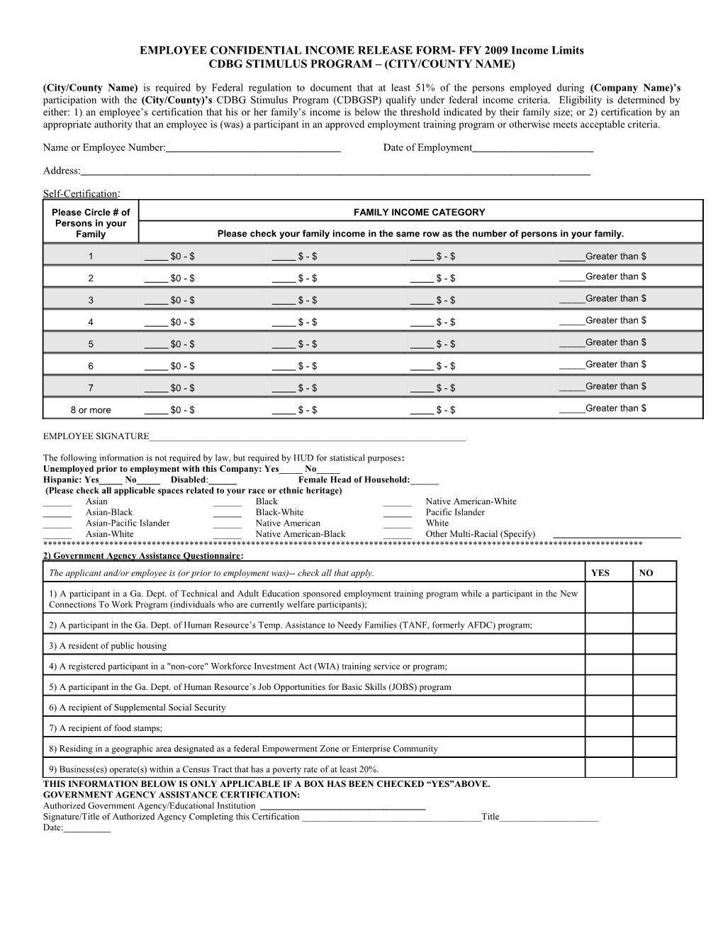 EMPLOYEE CONFIDENTIAL INCOME RELEASE FORM- FFY 2009 Income Limits