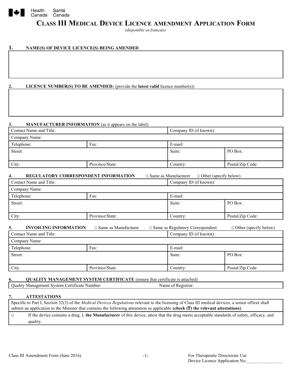 Class III Medical Device Licence Amendment Application Form