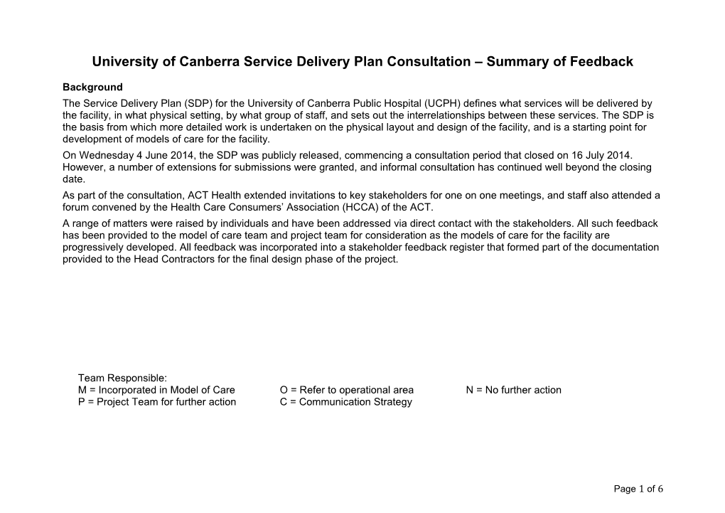 University of Canberra Service Delivery Plan Consultation Summary of Feedback