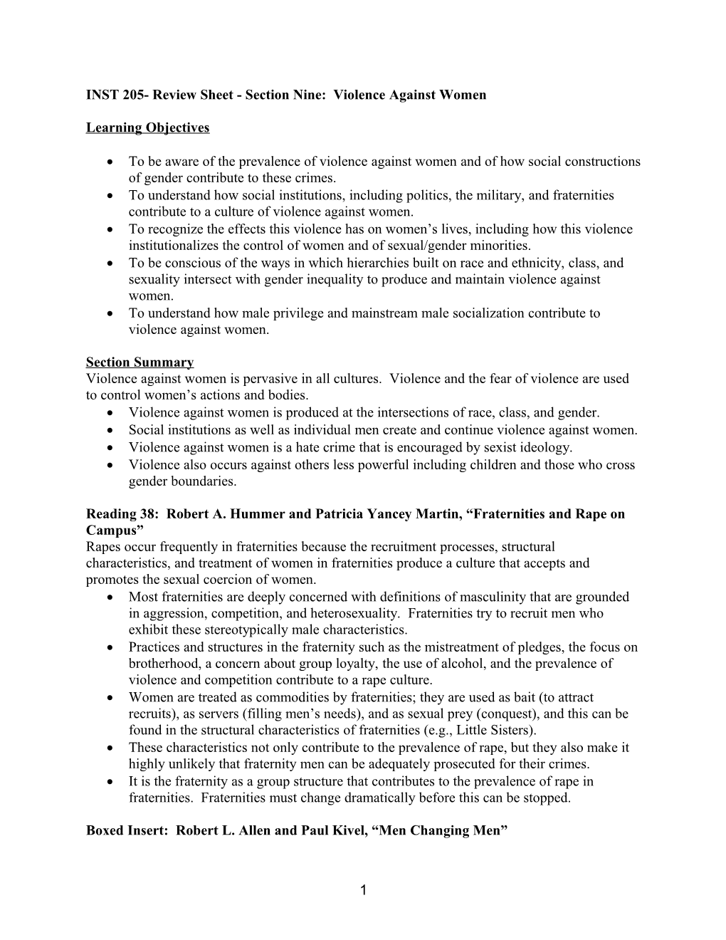 INST 205- Review Sheet - Section Nine: Violence Against Women