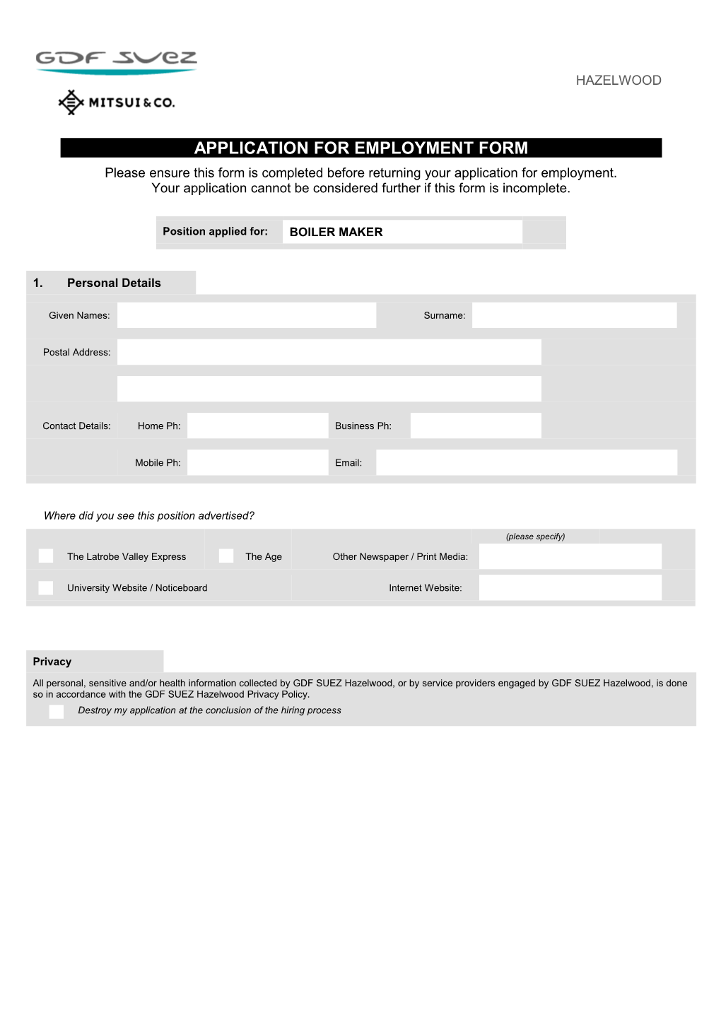 Please Ensure This Form Is Completed Before Returning Your Application for Employment