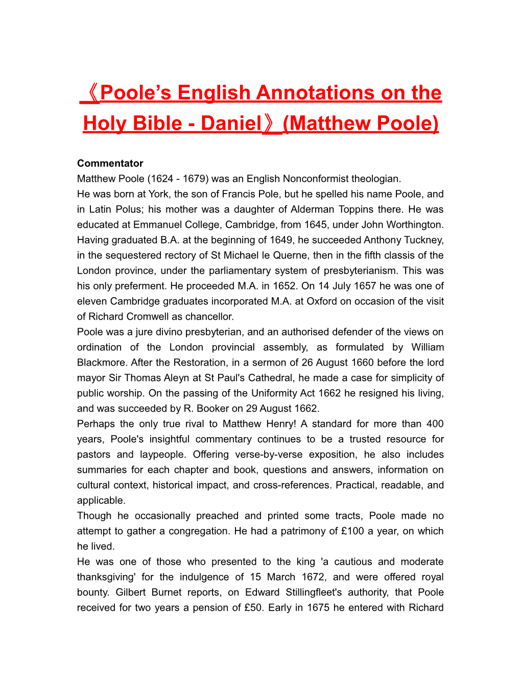 Poole S English Annotations on the Holy Bible - Daniel (Matthew Poole)