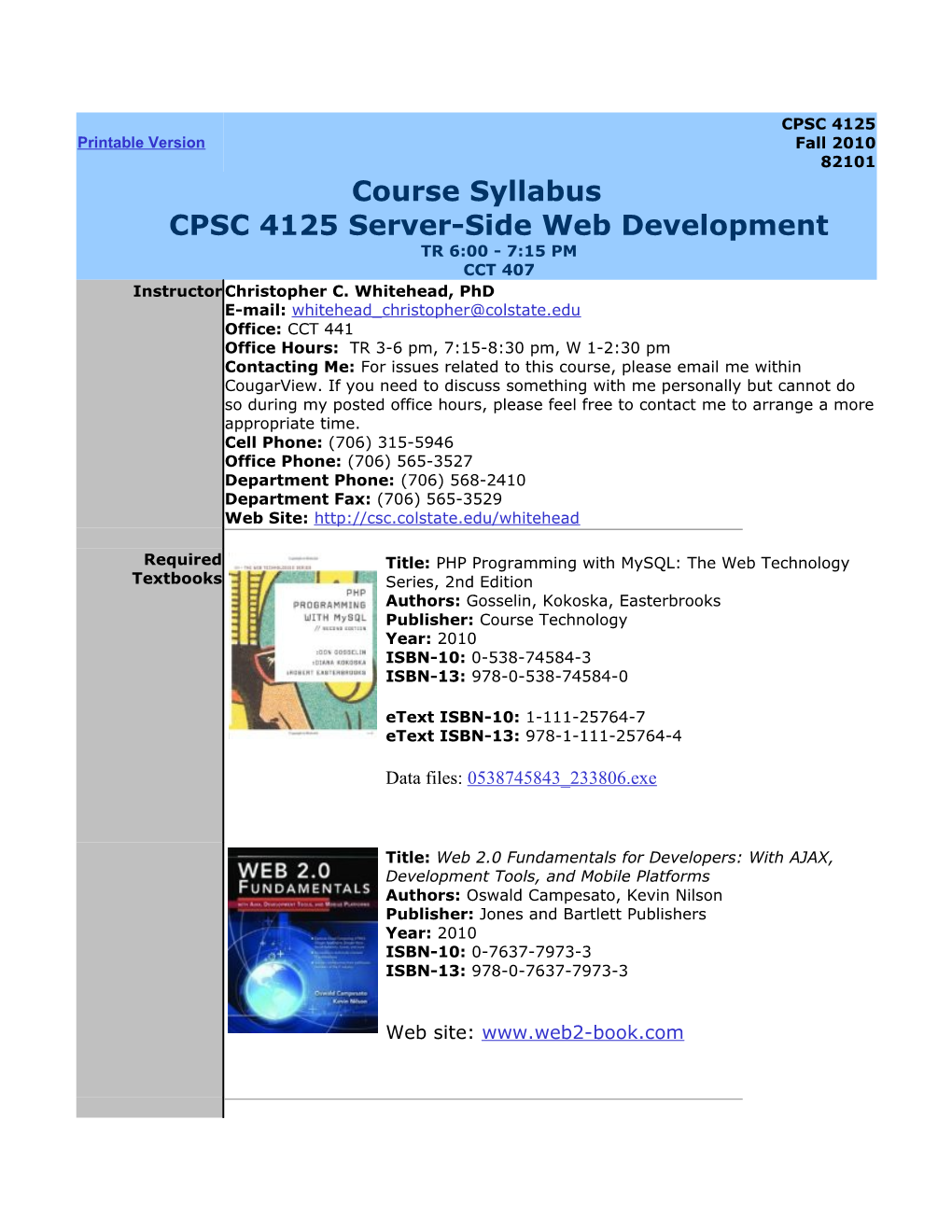 Course Syllabuscpsc 4125 Server-Side Web Developmenttr 6:00 - 7:15 PMCCT 407