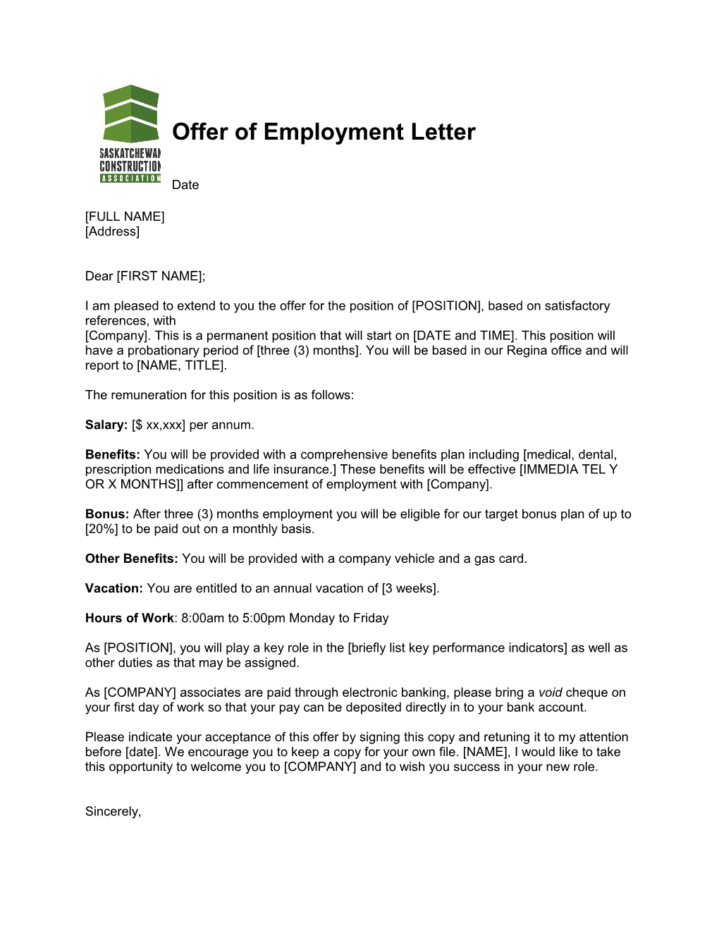 Offer of Employment Letter