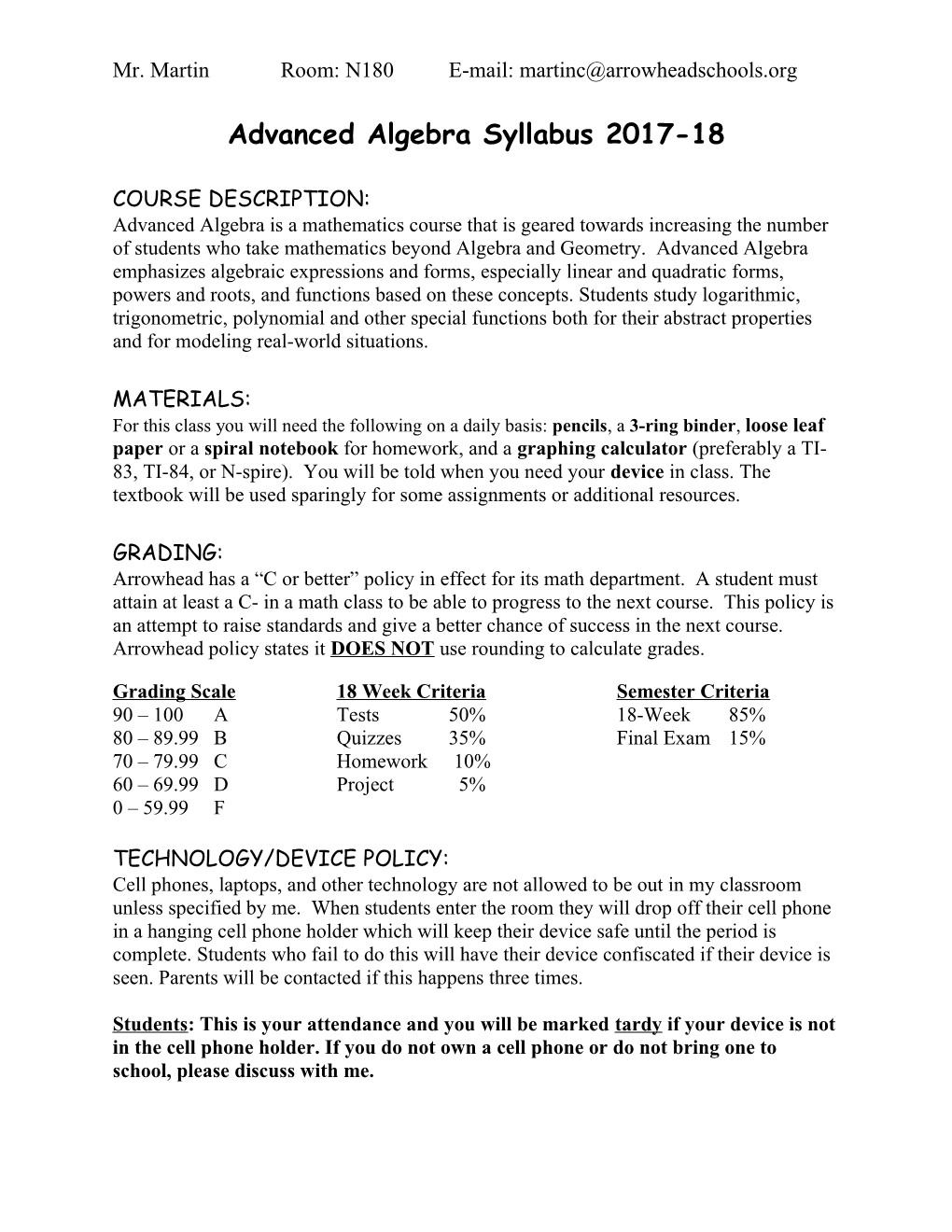 Advanced Algebra Syllabus 2017-18