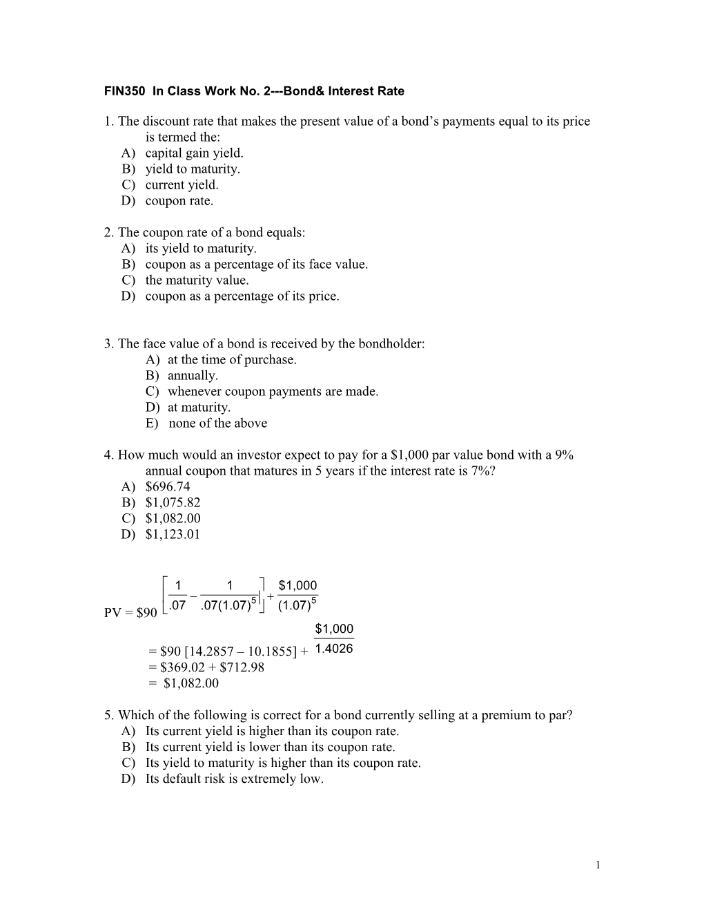 FIN350 in Class Work No. 2 Bond& Interest Rate