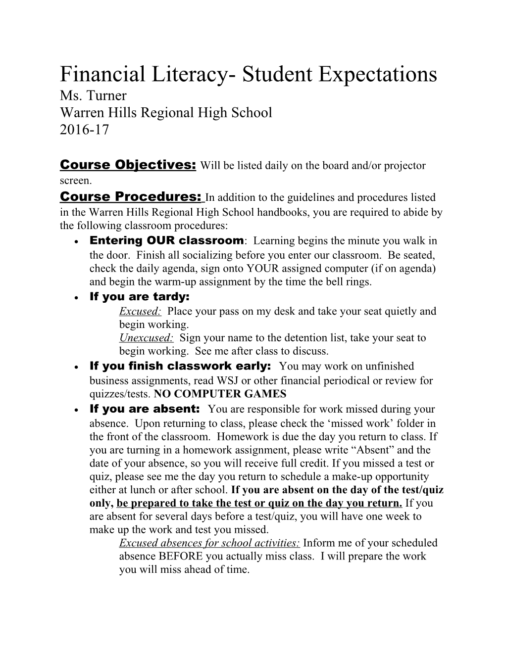 Financial Literacy- Student Expectations