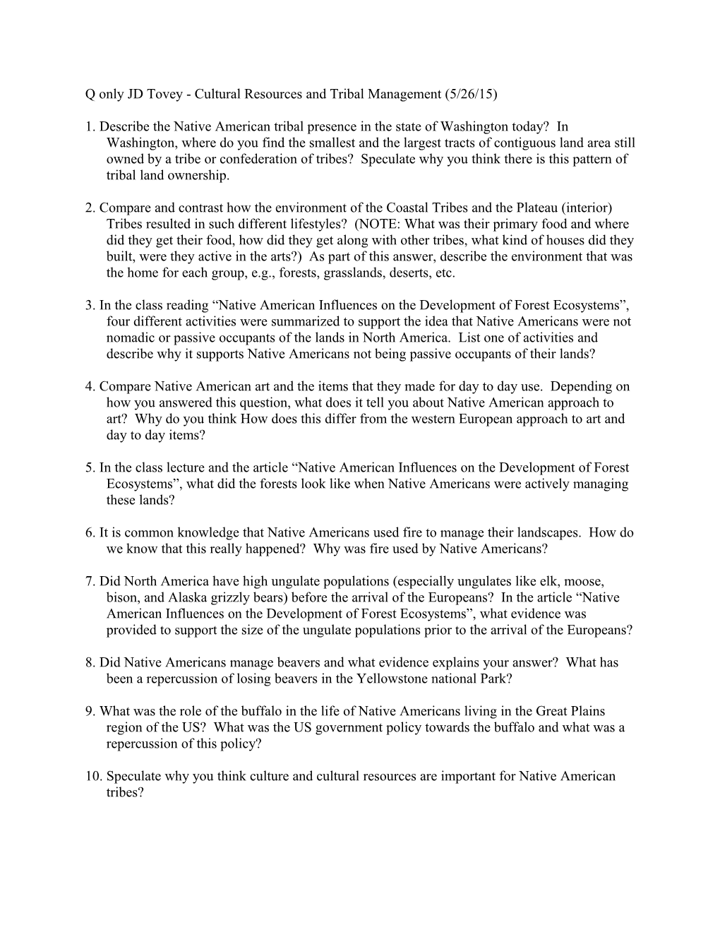 Q Only JD Tovey - Cultural Resources and Tribal Management (5/26/15)