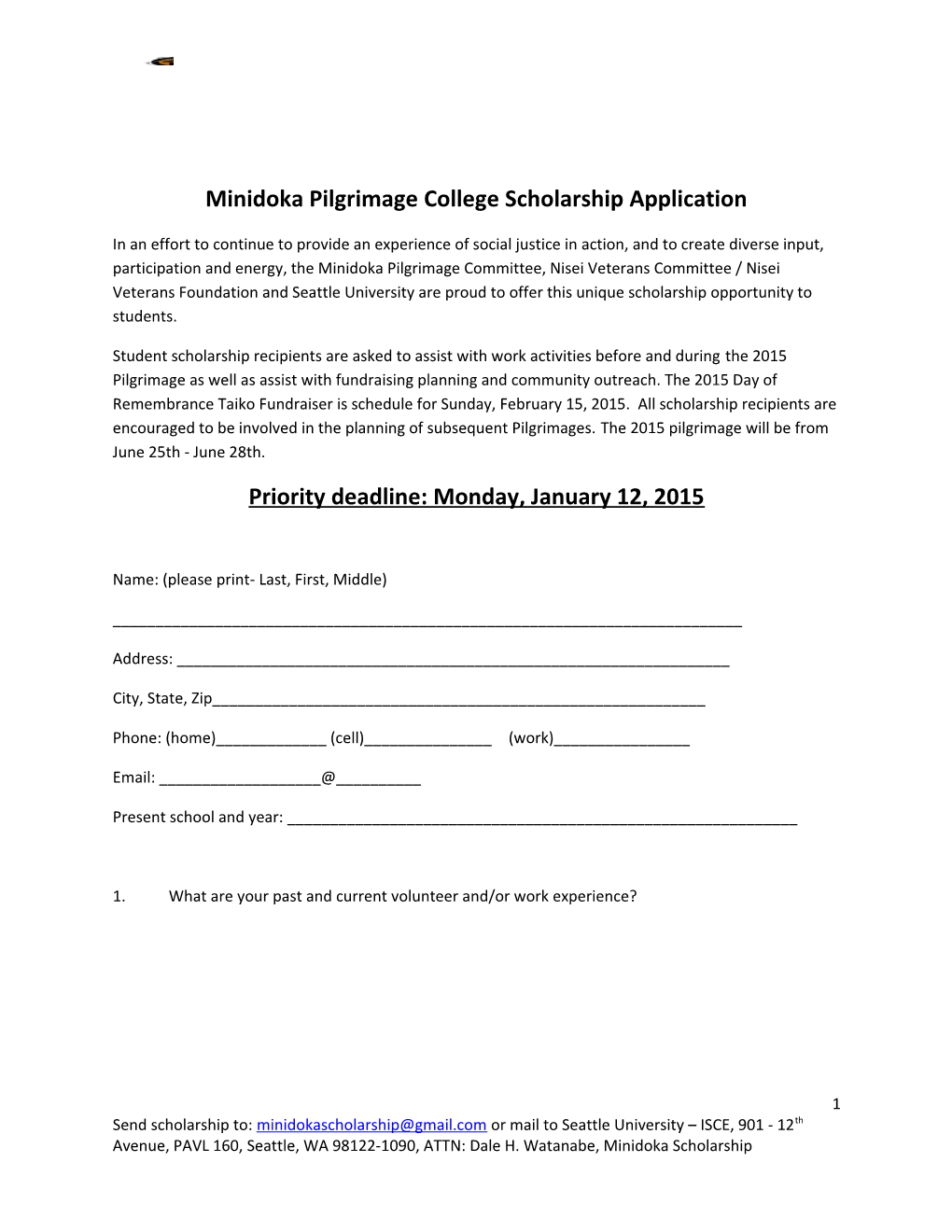 Minidoka Pilgrimage College Scholarship Application