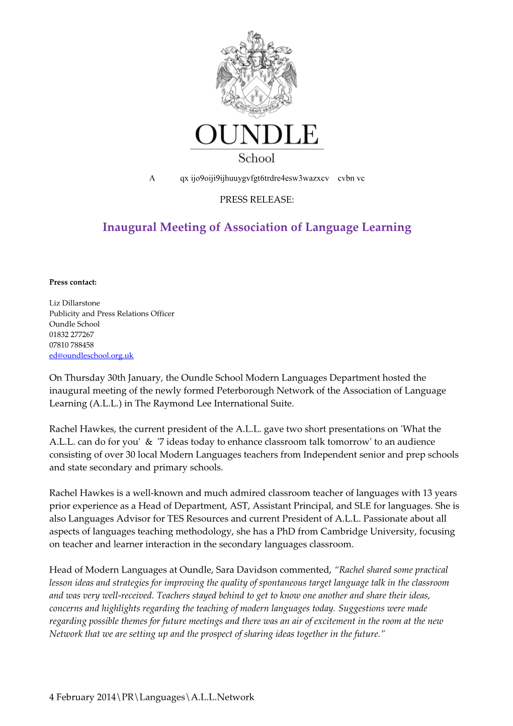 Inaugural Meeting of Association of Language Learning