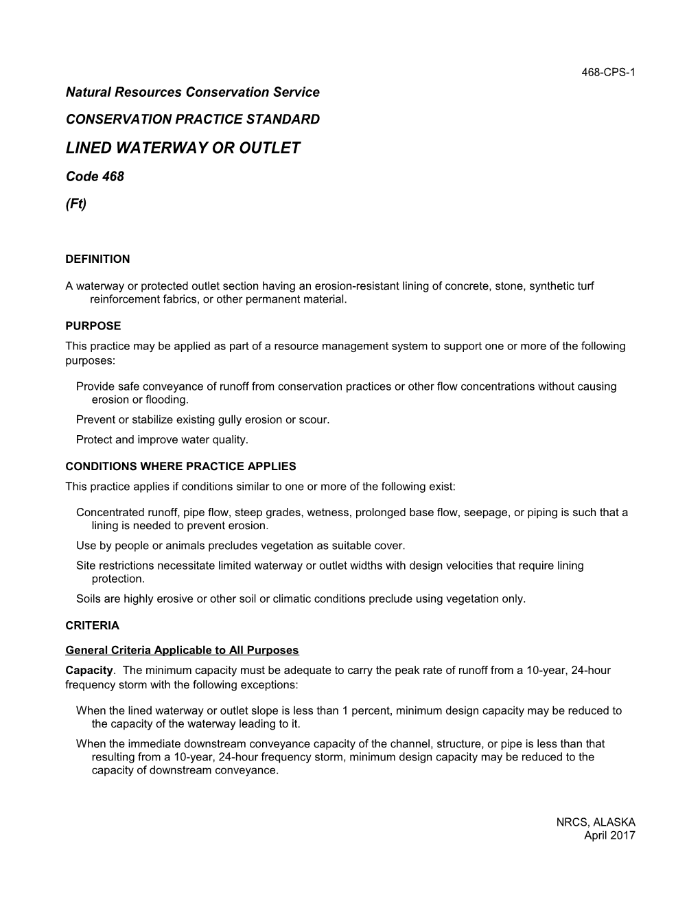 Conservation Practice Standard Lined Waterway Or Outlet (Code 468)