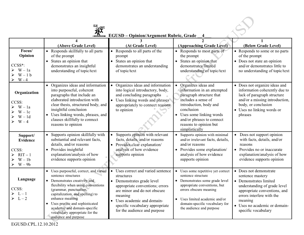 EGUSD Response to Literature Rubric, Grade _____ s2