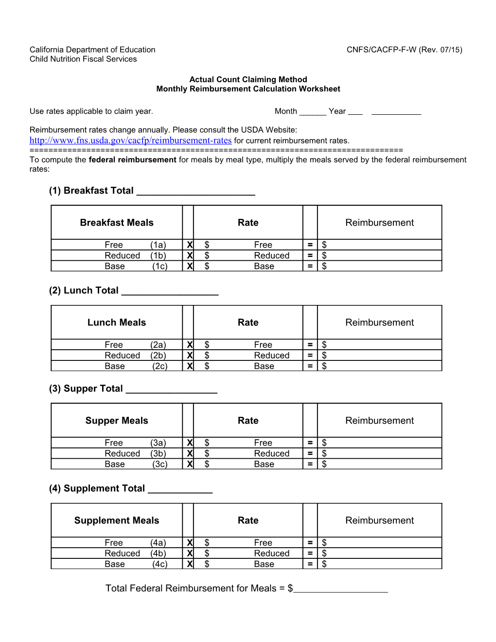 Actual Count Claiming Method Calculation Worksheet - Nutrition Services (CA Dept of Education)