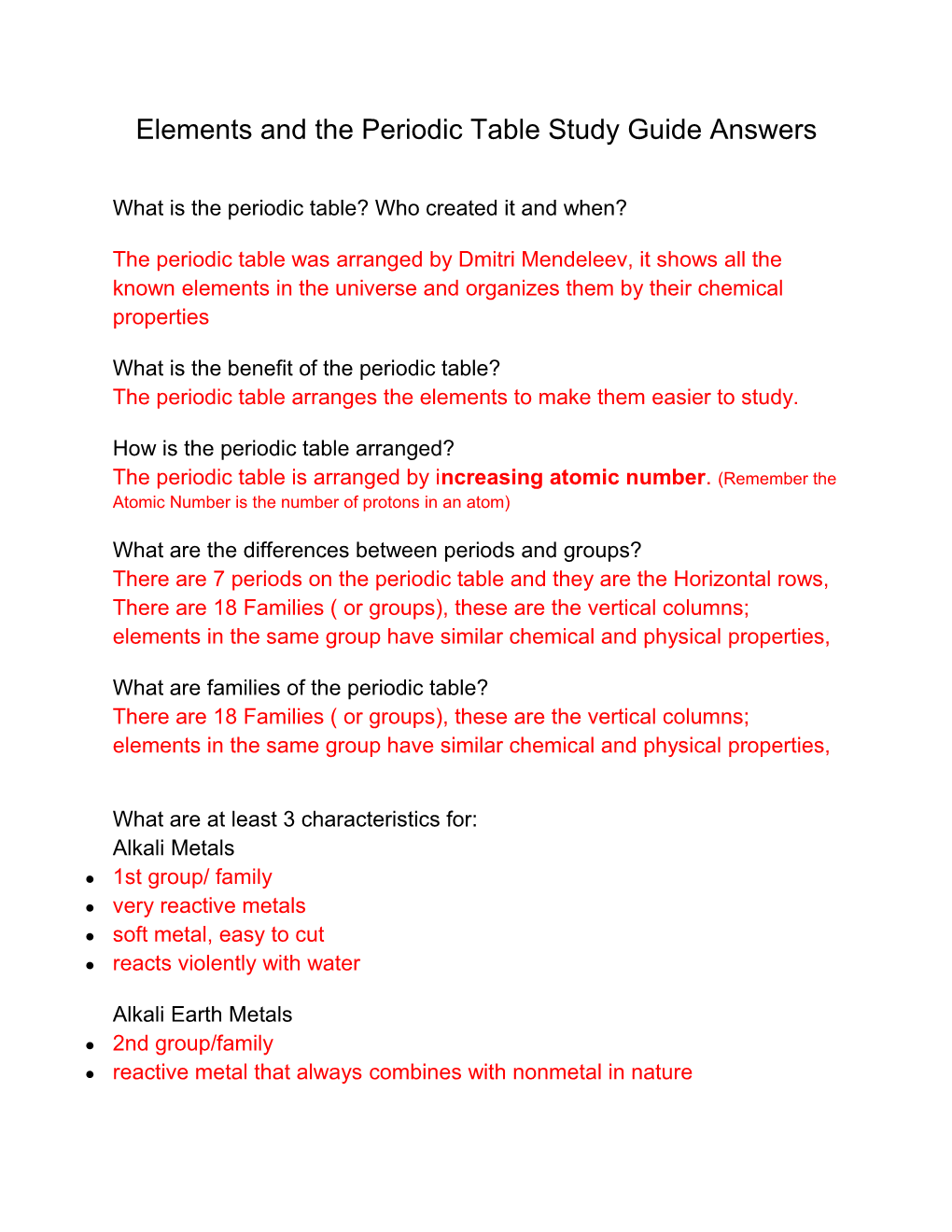 Elements and the Periodic Table Study Guide Answers