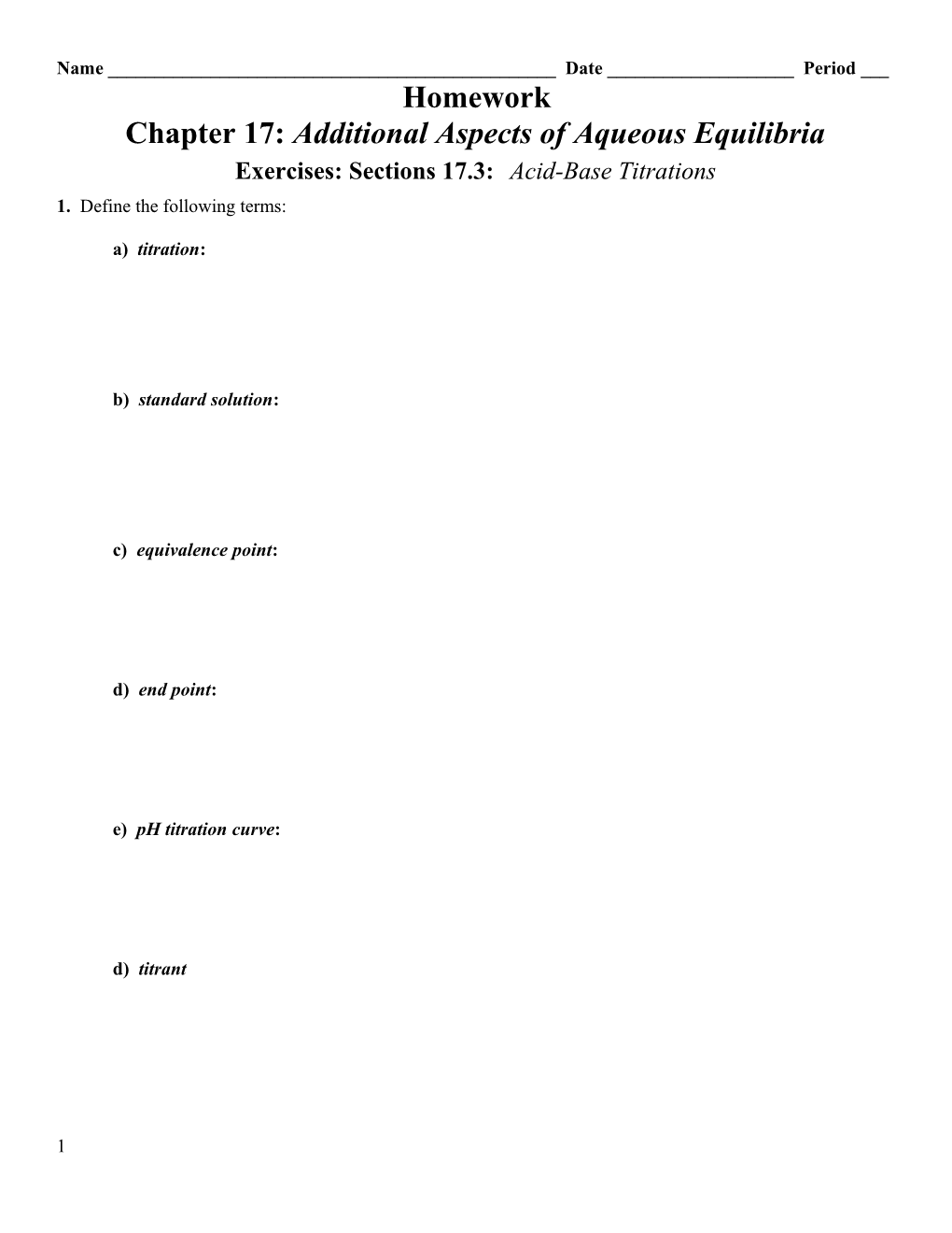 Chapter 17: Additional Aspects of Aqueous Equilibria