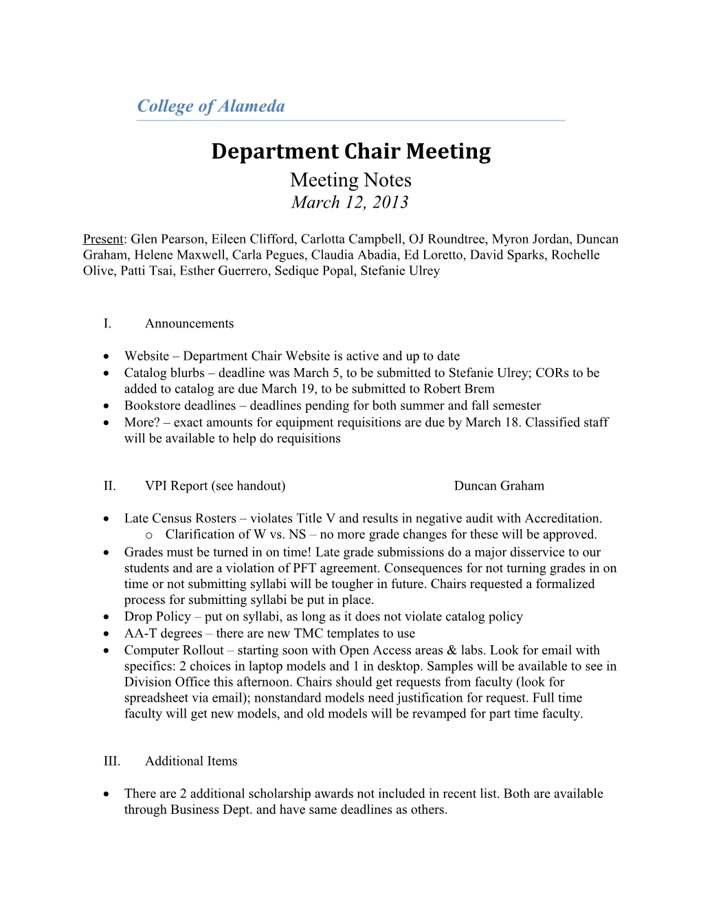 Department Chair Meeting