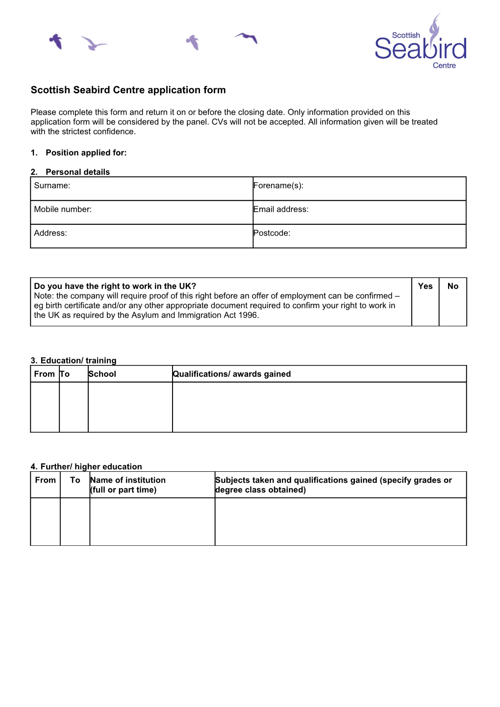 Scottish Seabird Centre Application Form