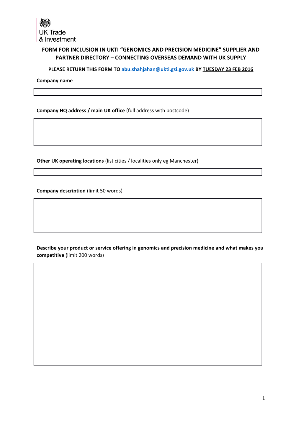 Please Return This Form to by Tuesday 23 Feb 2016