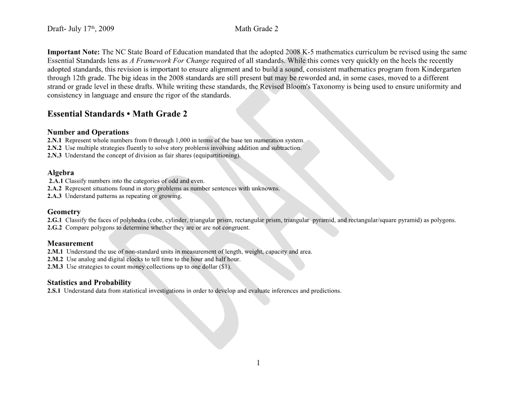 Important Note: the NC State Board of Education Mandated That the Adopted 2008 K-5 Mathematics