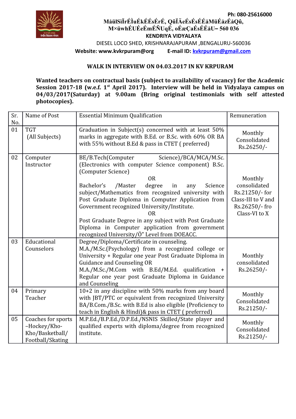 Walk in Interview on 04.03.2017 in Kv Krpuram