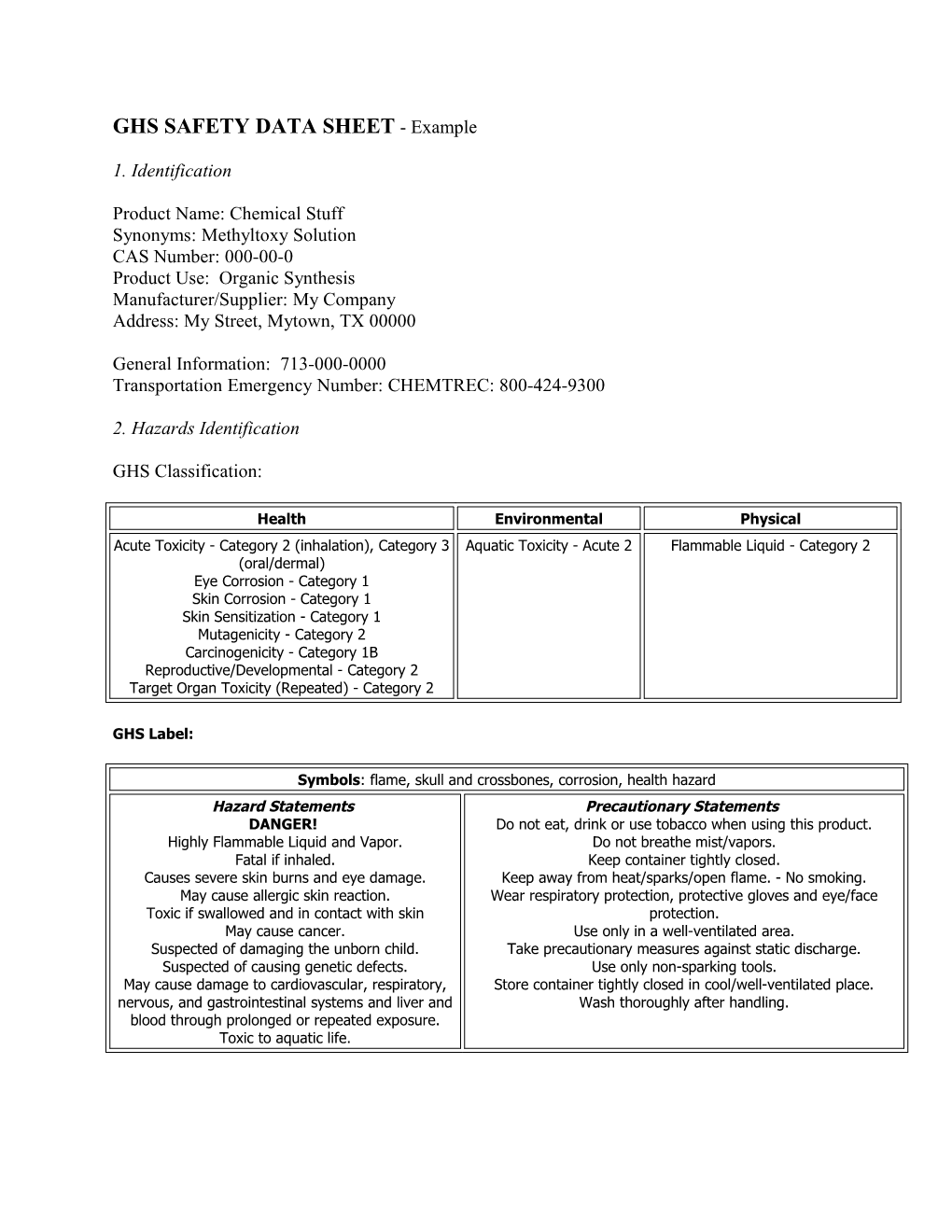 GHS SAFETY DATA SHEET - Example 1. Identification Product Name: Chemical Stuff