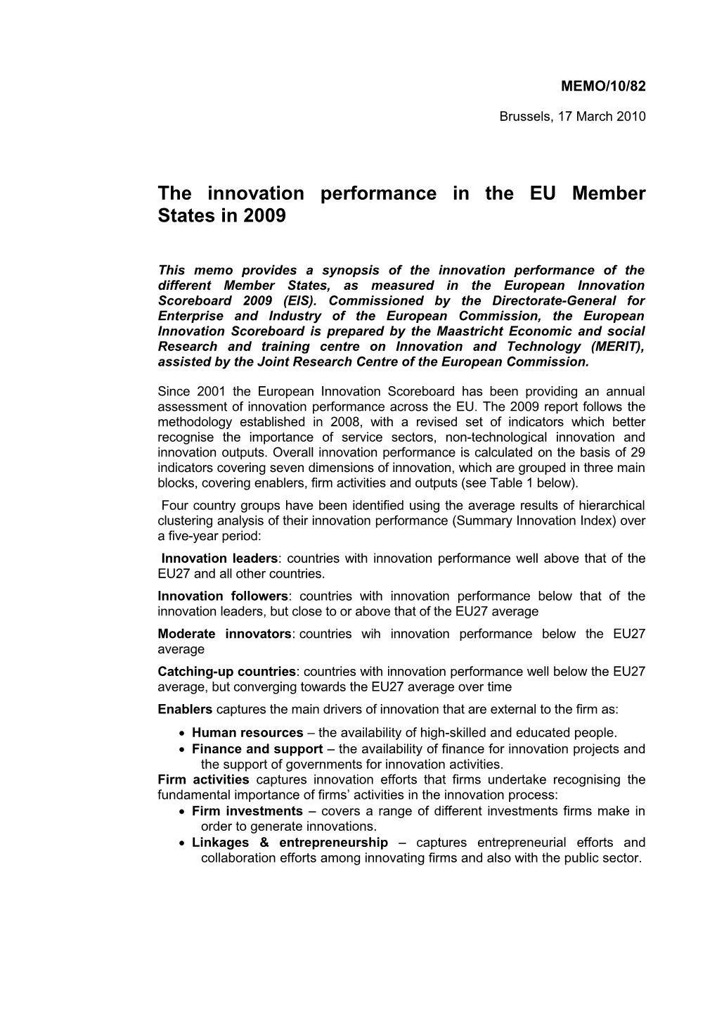 The Innovation Performance in the EU Member States in 2009