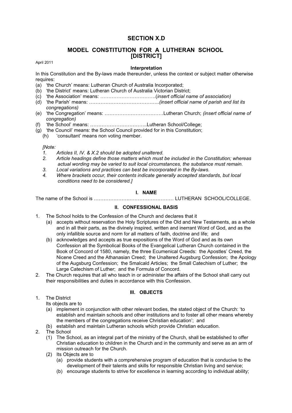 Model Constitution for a Lutheran School