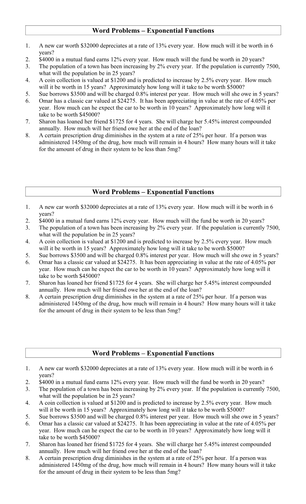 Word Problems Exponential Functions