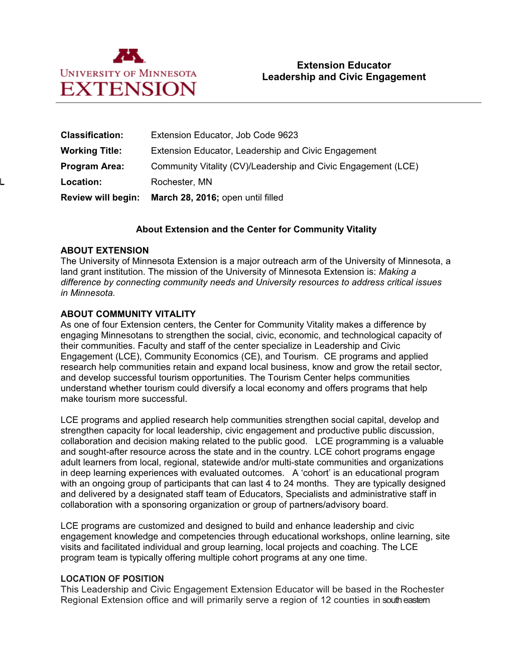Classification: Extension Educator, Job Code 9623