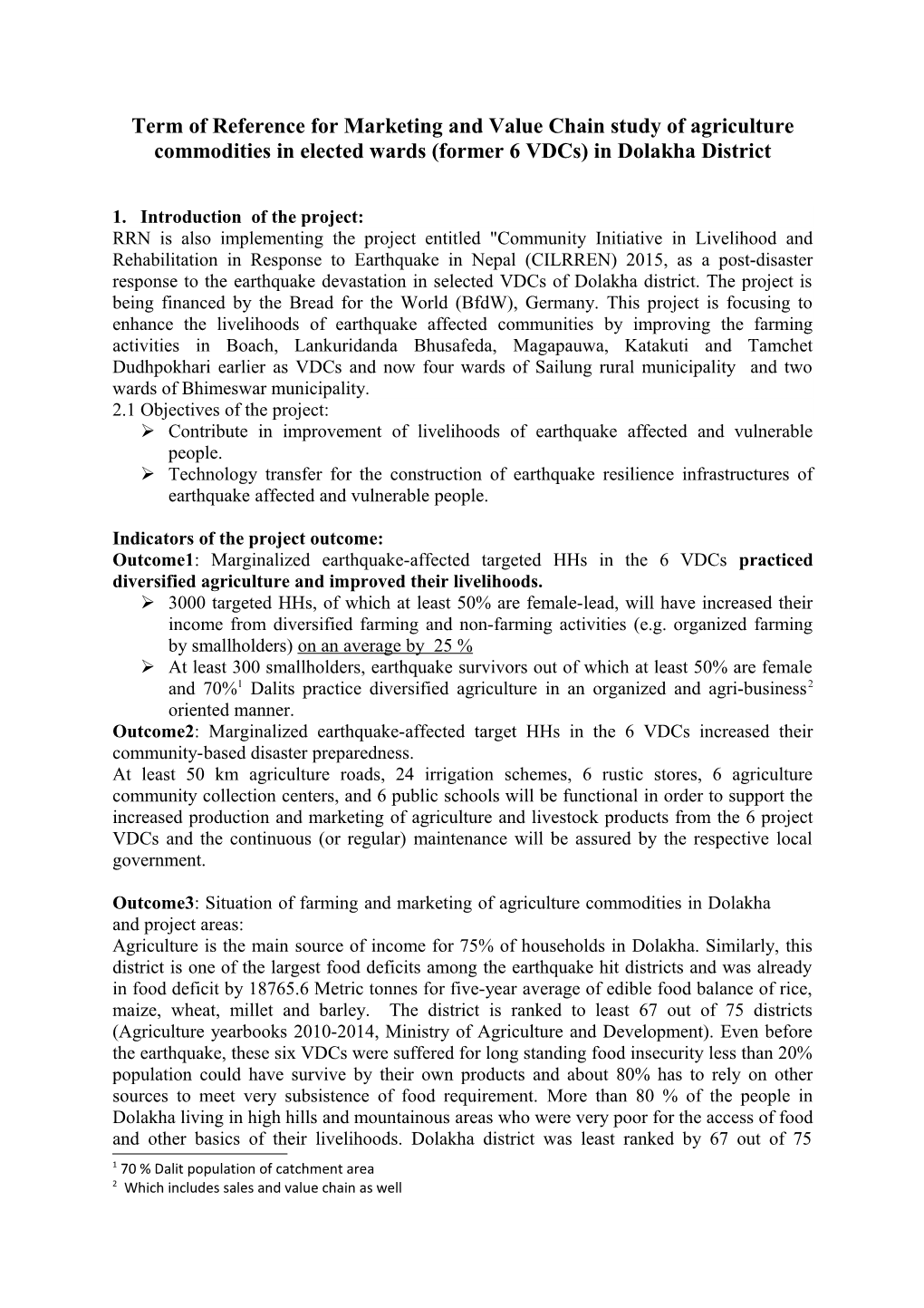 Term of Reference for Marketing and Value Chain Study of Agriculture Commodities in Elected