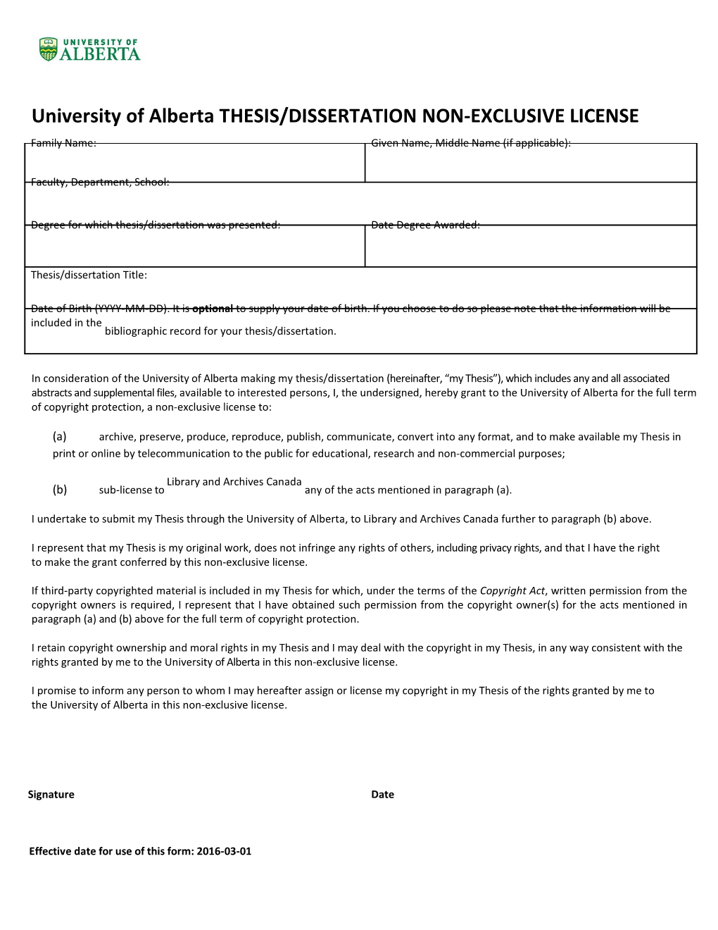 University of Alberta THESIS/DISSERTATION NON-EXCLUSIVE LICENSE