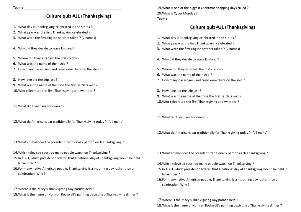 Culture Quiz #11 (Thanksgiving)