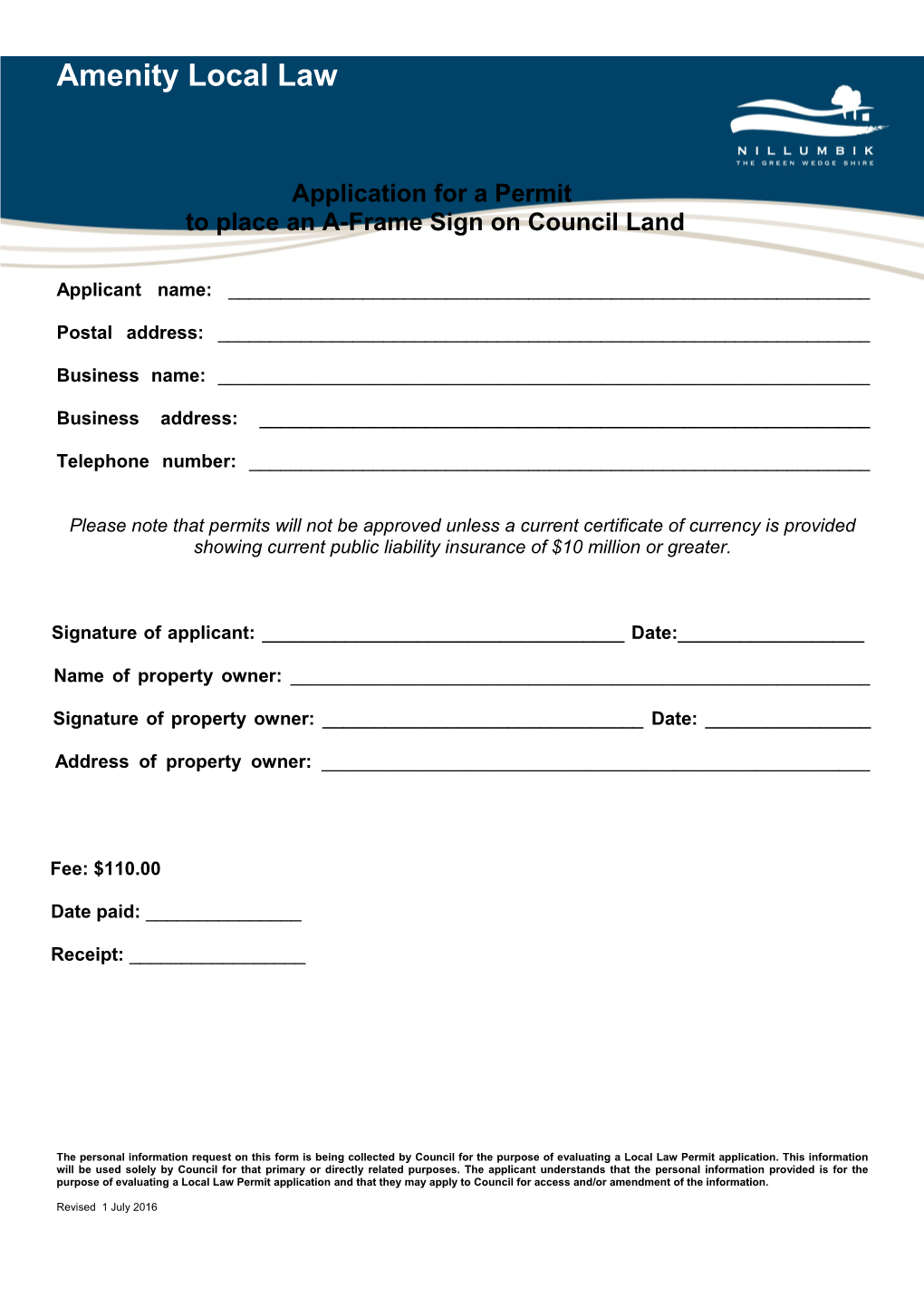 A-Frame Permit Application