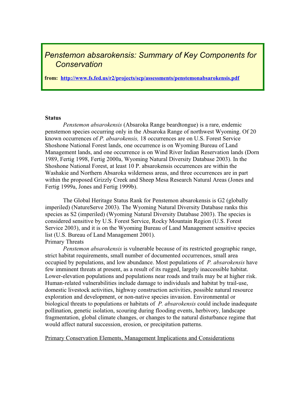 Summary of Key Components for Conservation of Penstemon Absarokensis