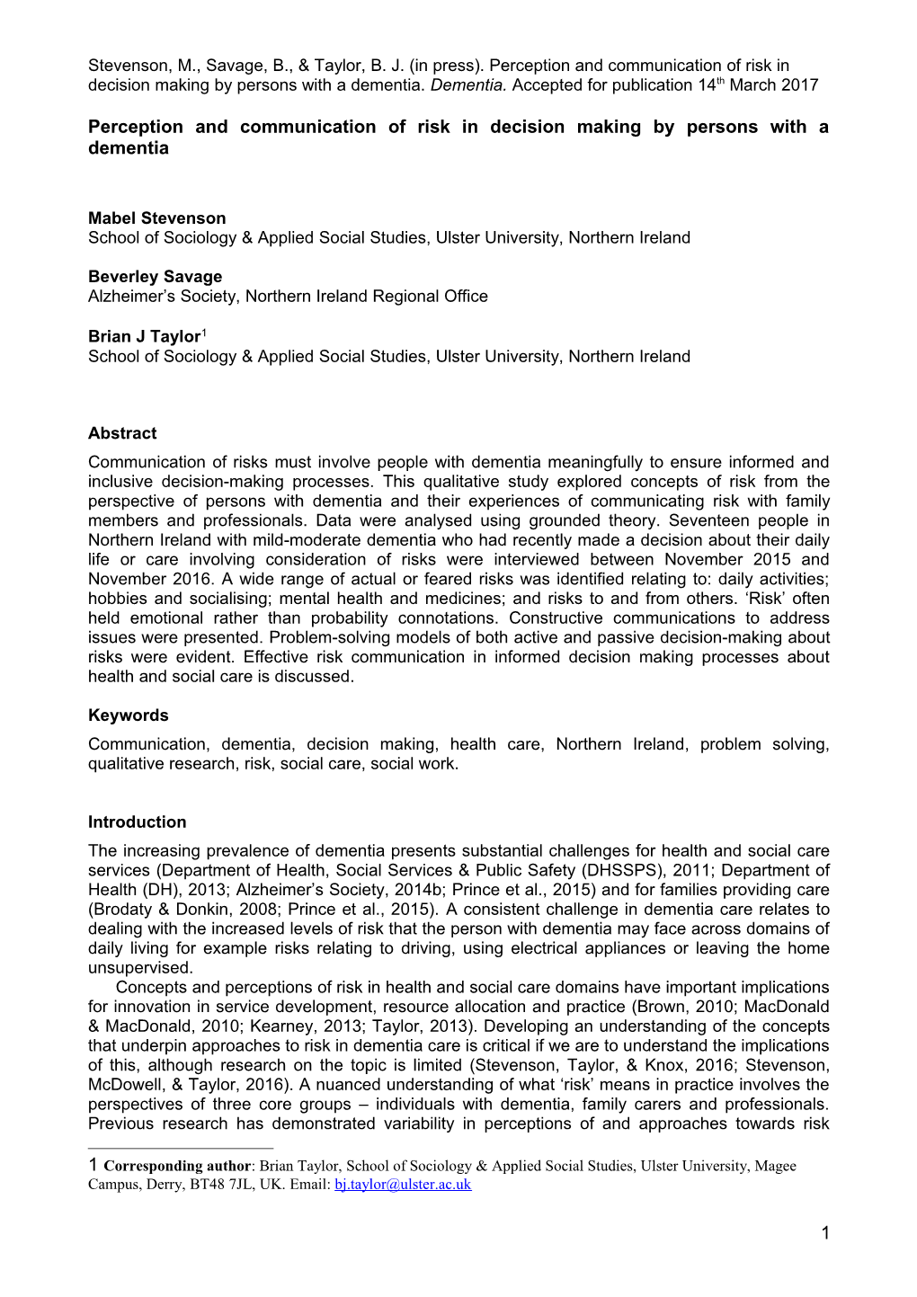 Perception and Communication of Risk in Decision Making by Persons with a Dementia