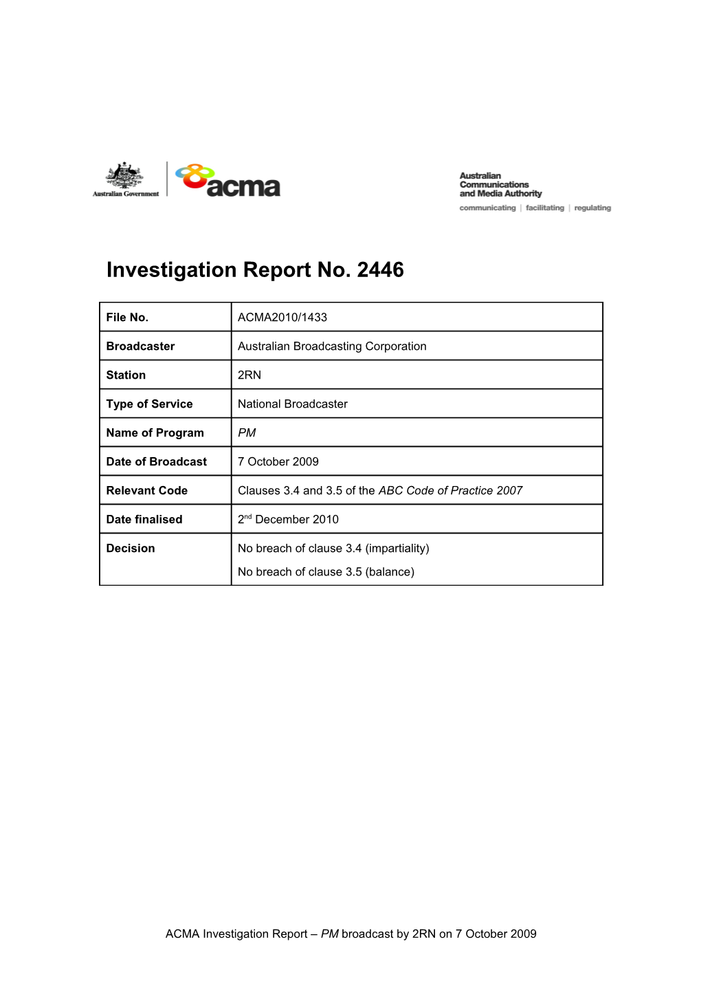 2RN - ACMA Investigation Report 2446