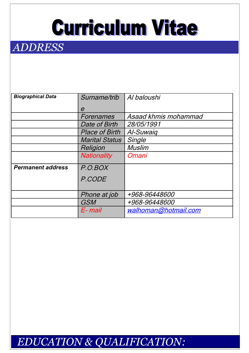 Curriculum Vitae Abdullaziz Abdullah Saif Al-Tobi