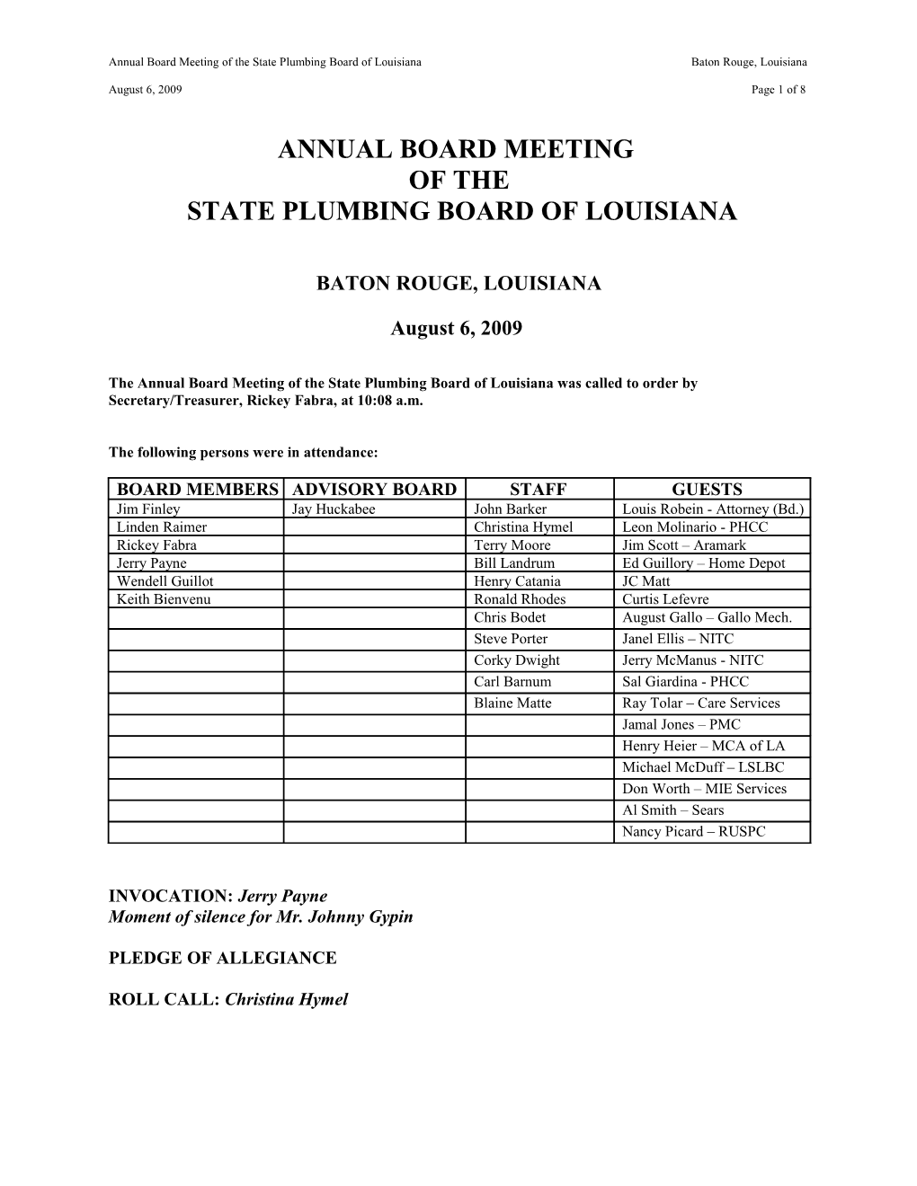 Annual Board Meeting of the State Plumbing Board of Louisiana Baton Rouge, Louisiana