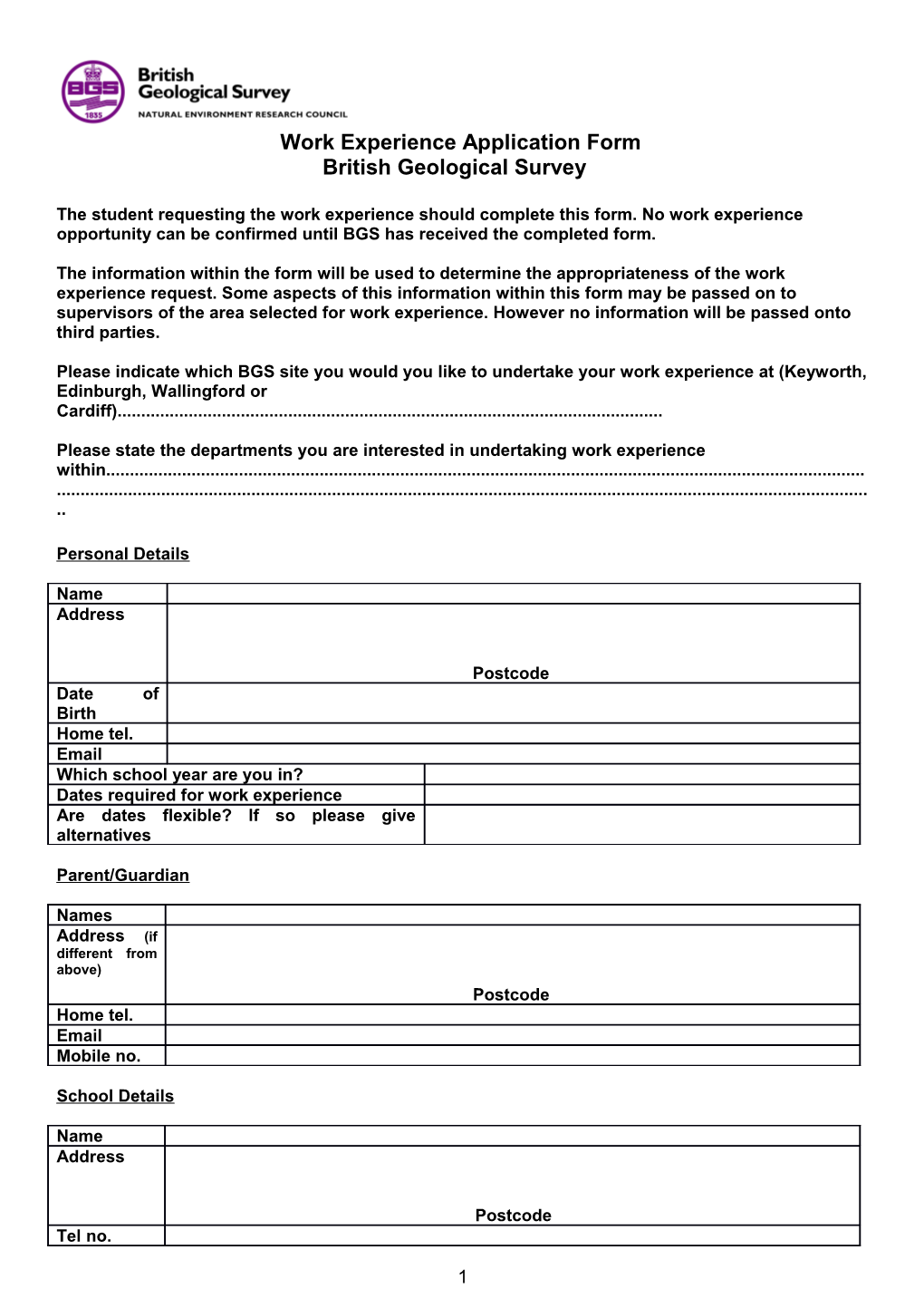 Work Experience Application Form