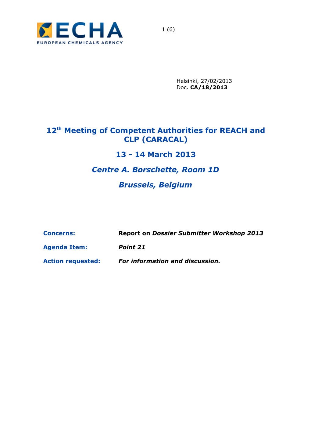 12Th Meeting of Competent Authorities for REACH and CLP (CARACAL)