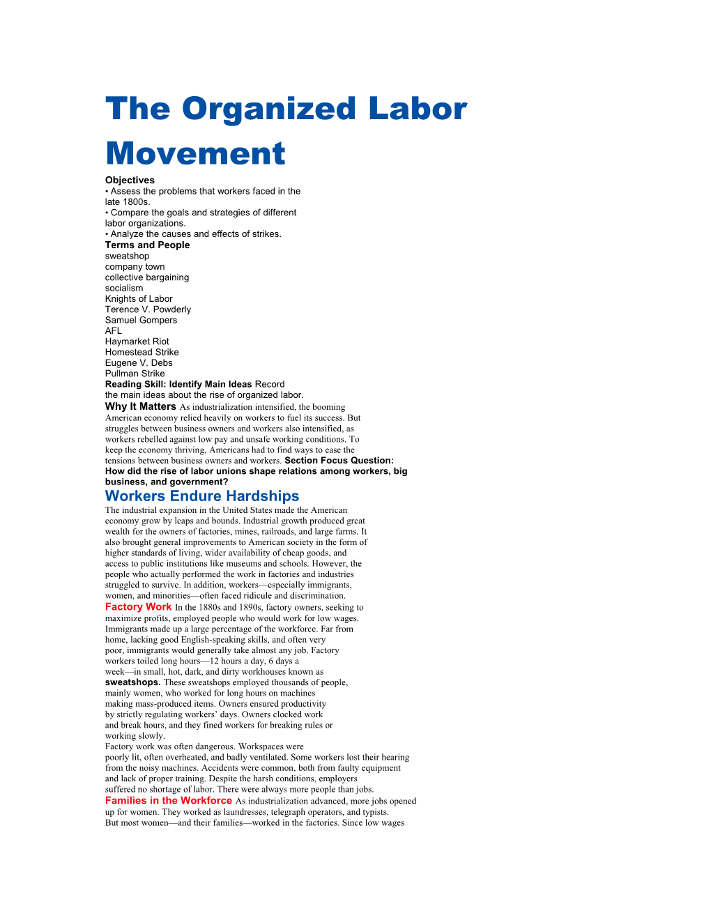 The Organized Labor Movement