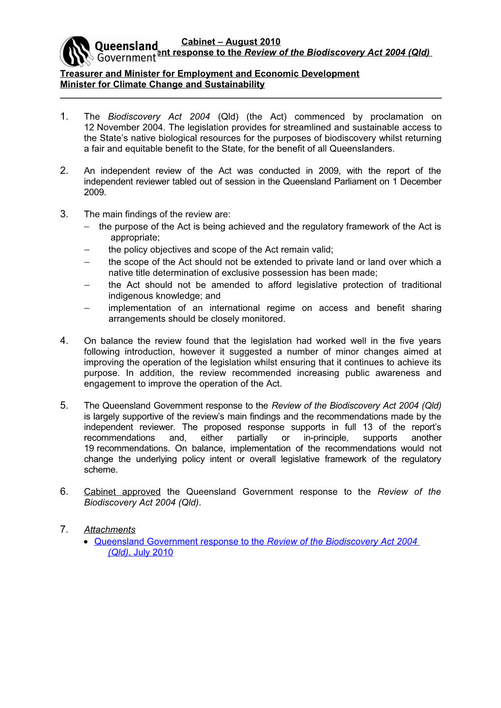 Queensland Government Response to the Review of the Biodiscovery Act 2004 (Qld)