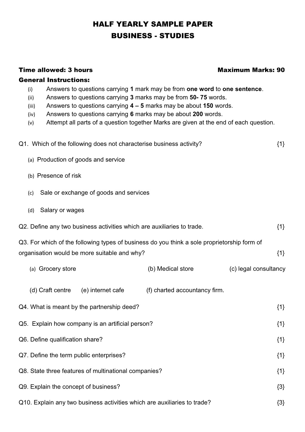 Half Yearly Sample Paper