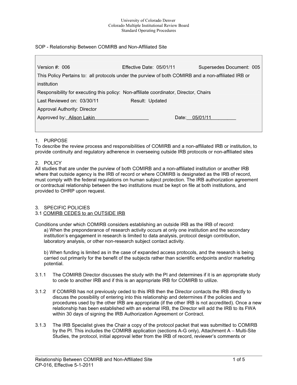 COMIRB and Outisde Non-Afilliate Site Relationship SOP