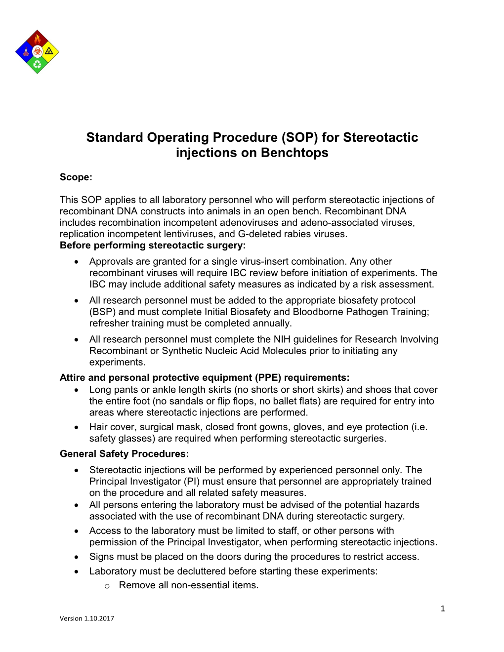 Standard Operating Procedure (SOP) for Stereotactic Injections on Benchtops