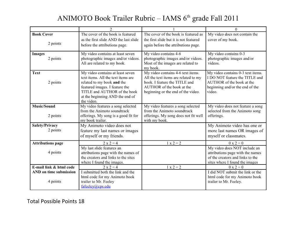 ANIMOTO Book Trailer Rubric IAMS 6Th Grade Fall 2011