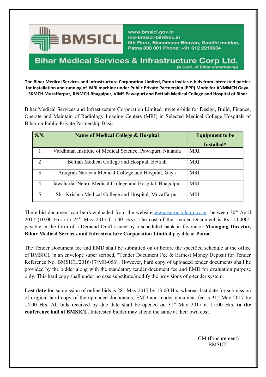 The Bihar Medical Services and Infrastructure Corporation Limited, Patna Invites E-Bids