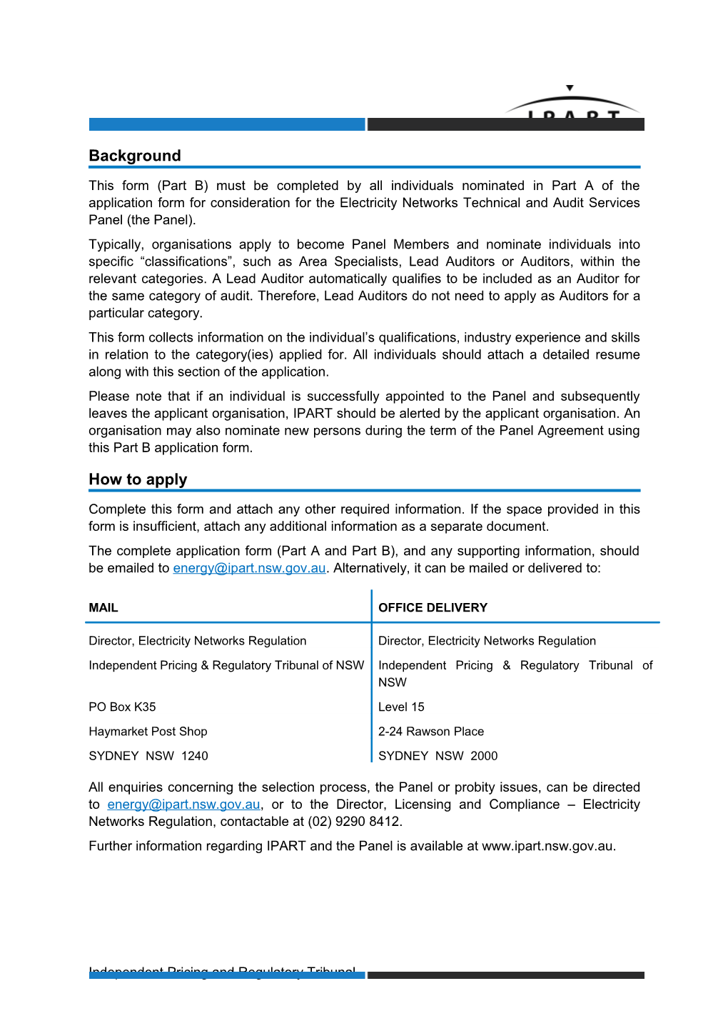 Electricity Networks Regulation Technical and Audit Services Panel - Application Form Part B