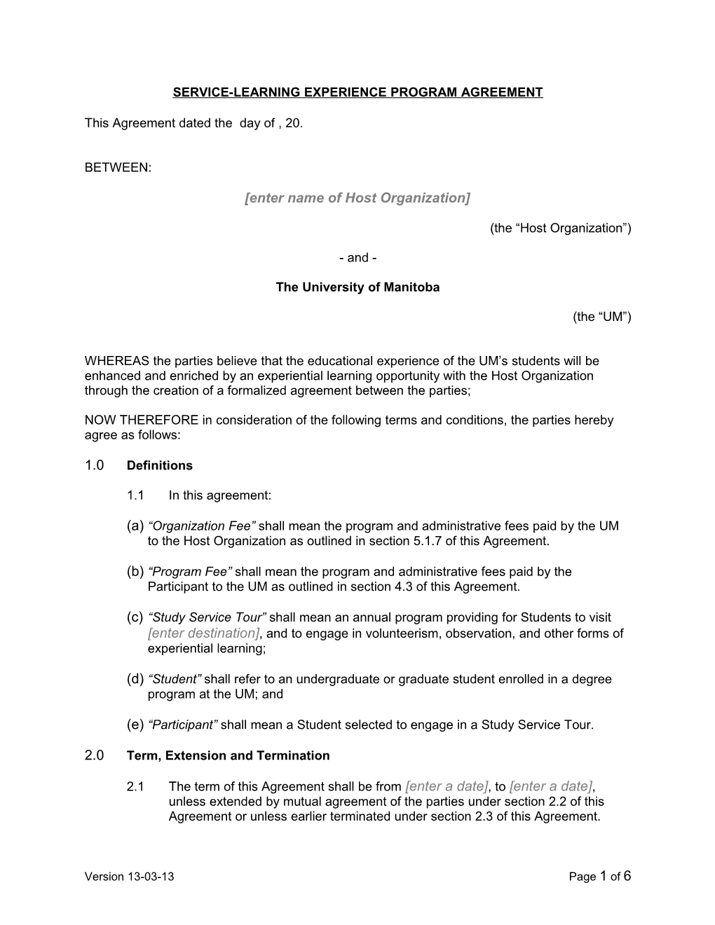 Service-Learning Experience Program Agreement
