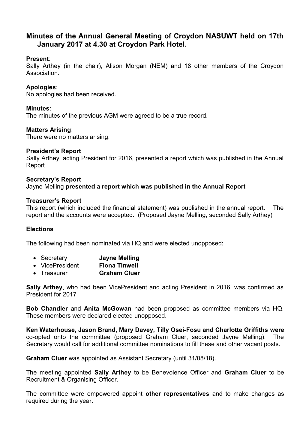 Minutes of the Annual General Meeting of Croydon NASUWT Held on 24Th January 1995 at 4.30